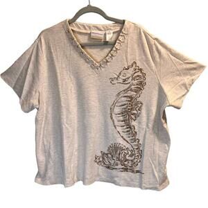 Alfred Dunner Beaded V-Neck Seahorse Top Plus Size 3X Cream Cotton Blend